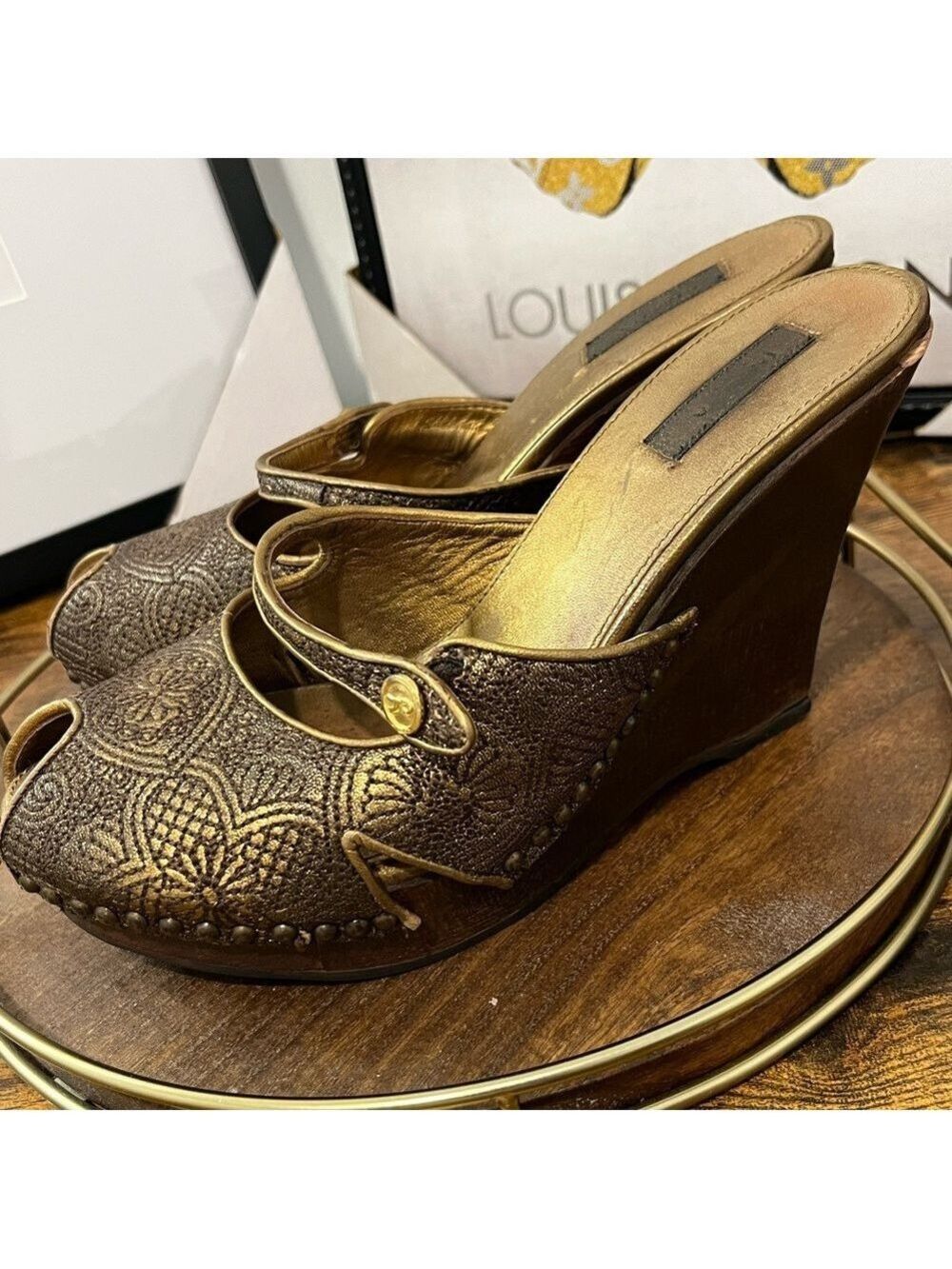 Prada Vintage Gold & Brown Wedge Shoes - Picture 5 of 7